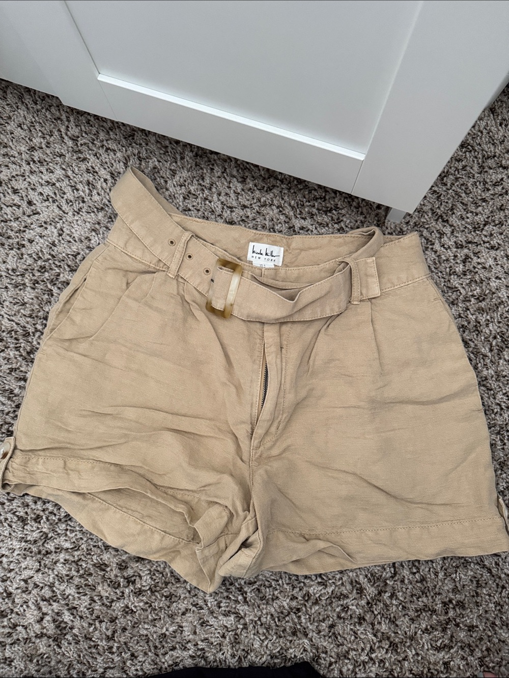 High-Waist Tan Linen-Blend Shorts with Adjustable Belt